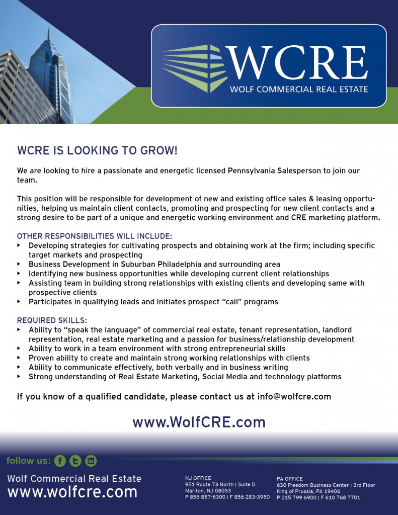 Wolf Commercial Real Estate is Hiring in PA Philadelphia Commercial